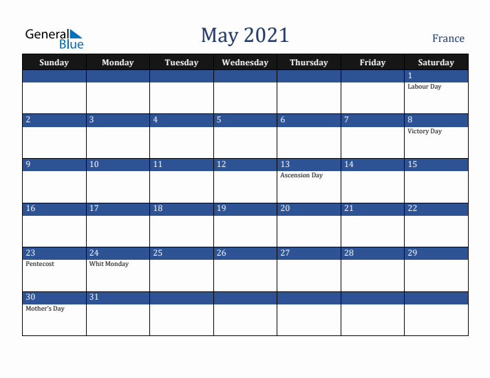 May 2021 France Calendar (Sunday Start)