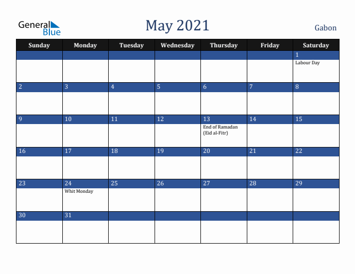 May 2021 Gabon Calendar (Sunday Start)