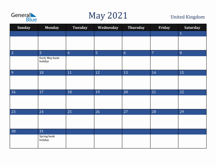 May 2021 United Kingdom Calendar (Sunday Start)