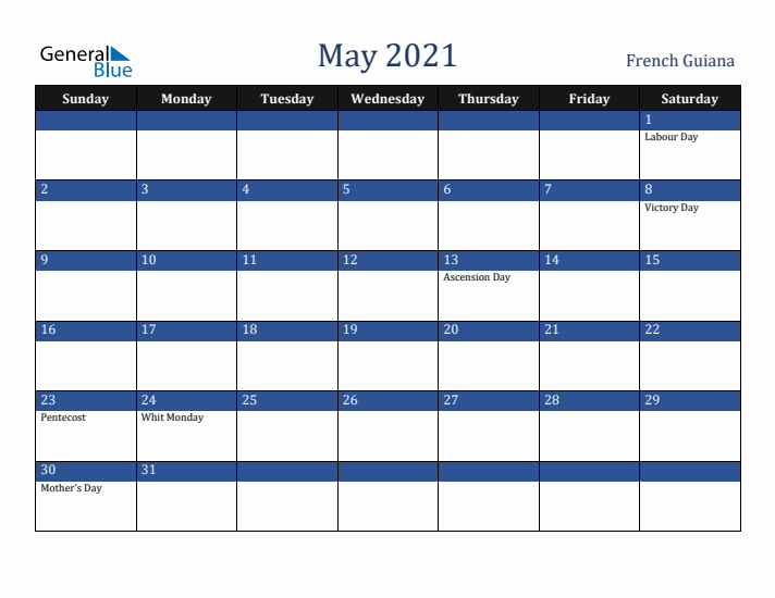 May 2021 French Guiana Calendar (Sunday Start)