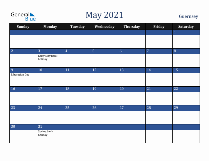 May 2021 Guernsey Calendar (Sunday Start)