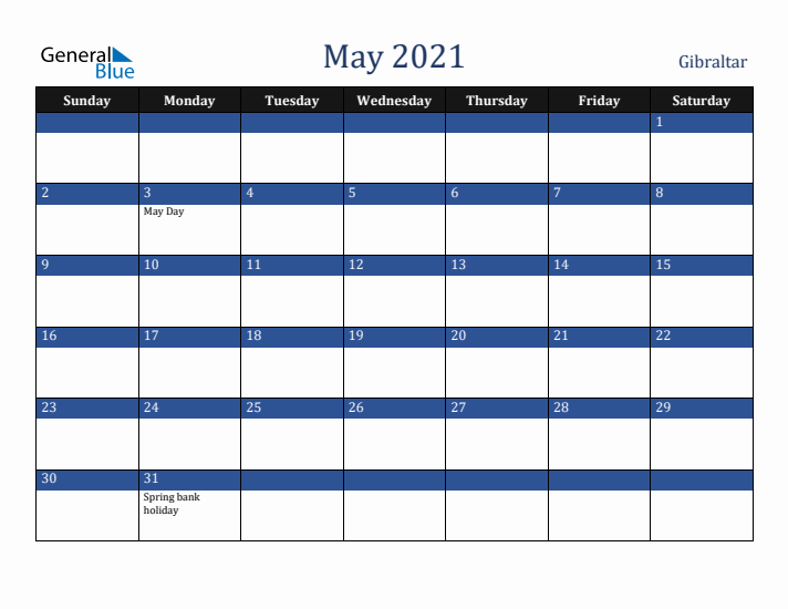 May 2021 Gibraltar Calendar (Sunday Start)