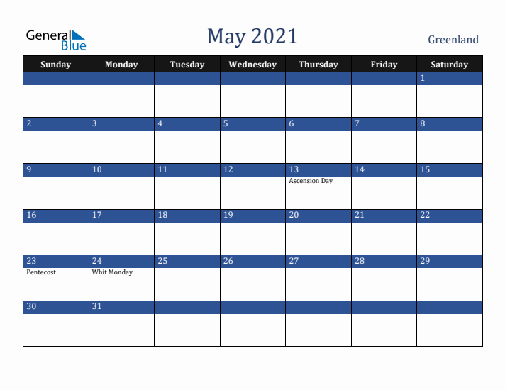 May 2021 Greenland Calendar (Sunday Start)