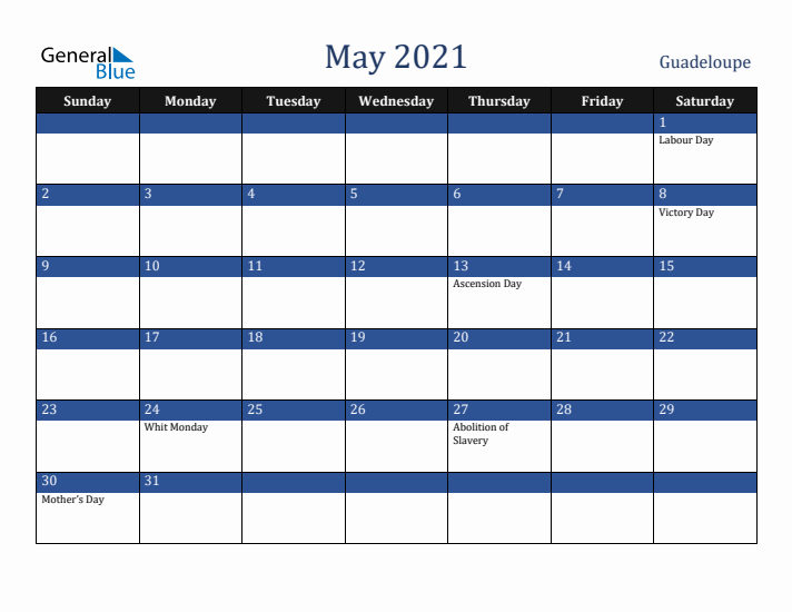 May 2021 Guadeloupe Calendar (Sunday Start)