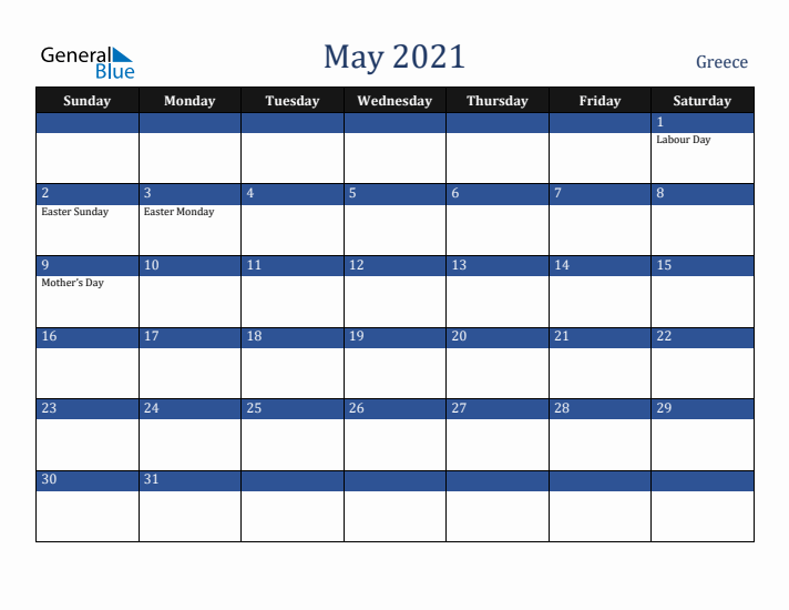 May 2021 Greece Calendar (Sunday Start)