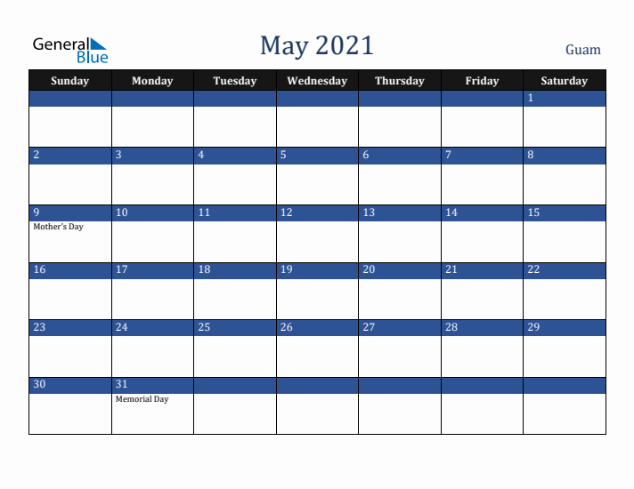 May 2021 Guam Calendar (Sunday Start)