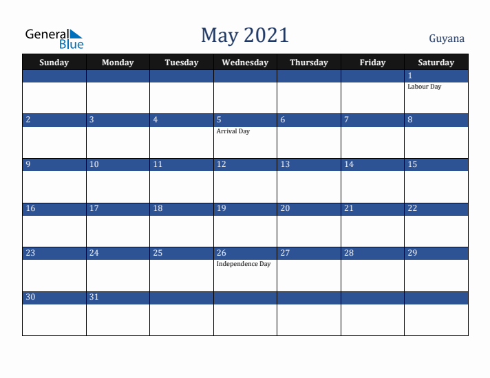 May 2021 Guyana Calendar (Sunday Start)