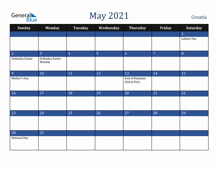 May 2021 Croatia Calendar (Sunday Start)