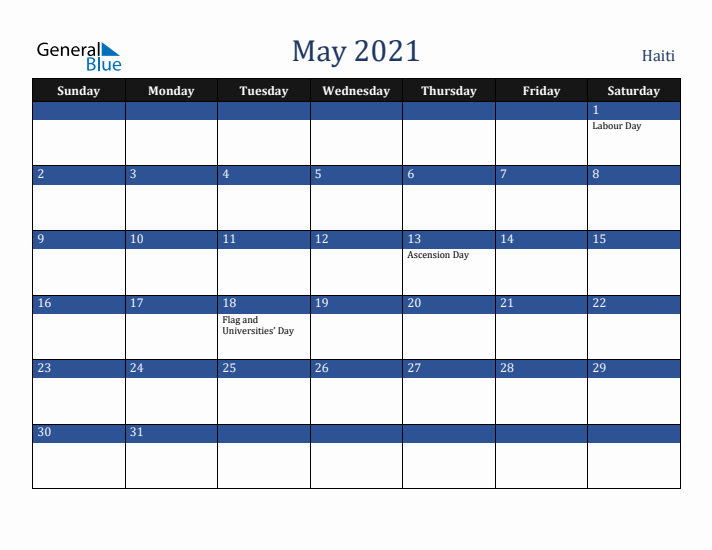 May 2021 Haiti Calendar (Sunday Start)