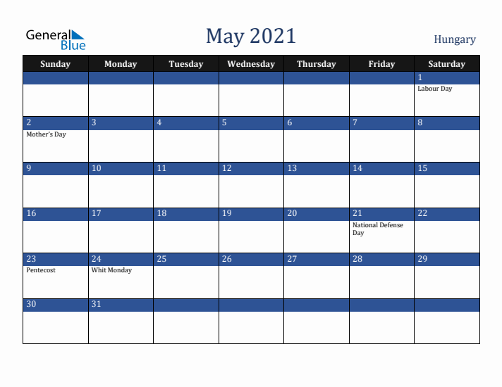 May 2021 Hungary Calendar (Sunday Start)