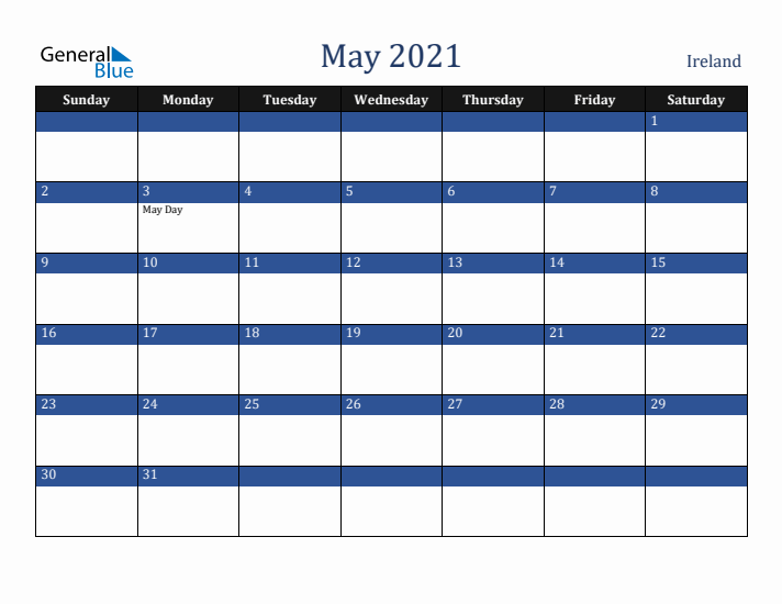 May 2021 Ireland Calendar (Sunday Start)
