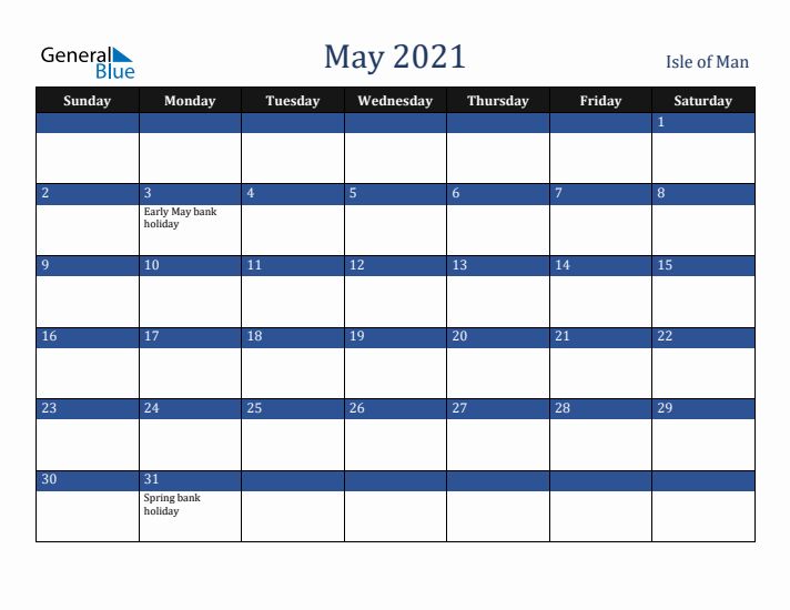 May 2021 Isle of Man Calendar (Sunday Start)