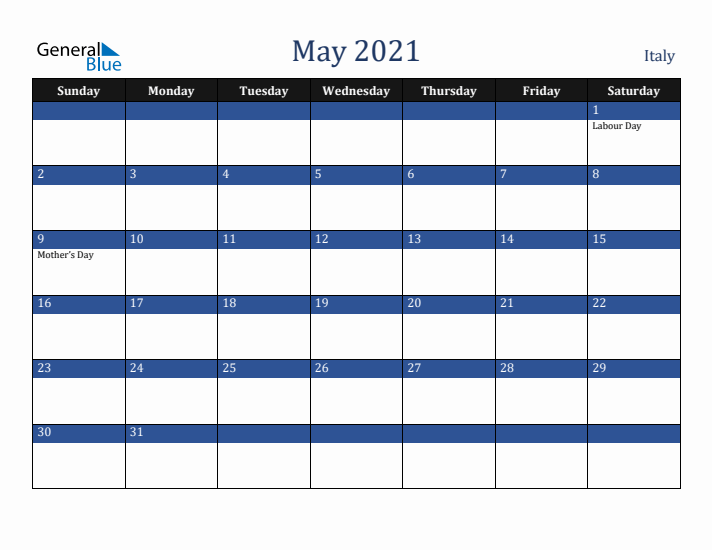 May 2021 Italy Calendar (Sunday Start)
