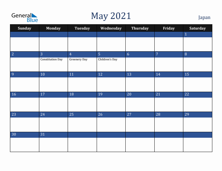 May 2021 Japan Calendar (Sunday Start)