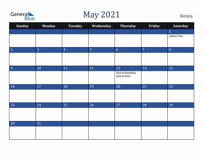 May 2021 Kenya Calendar (Sunday Start)