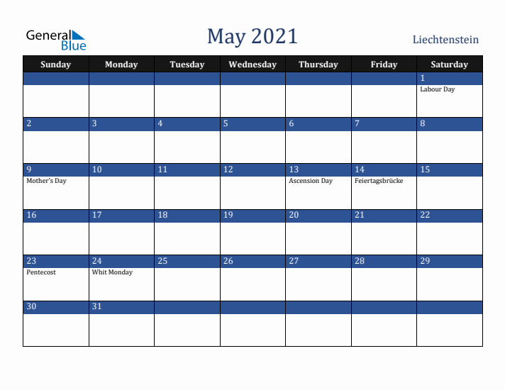 May 2021 Liechtenstein Calendar (Sunday Start)