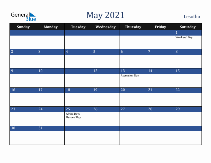 May 2021 Lesotho Calendar (Sunday Start)