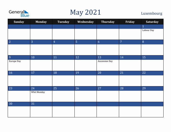 May 2021 Luxembourg Calendar (Sunday Start)
