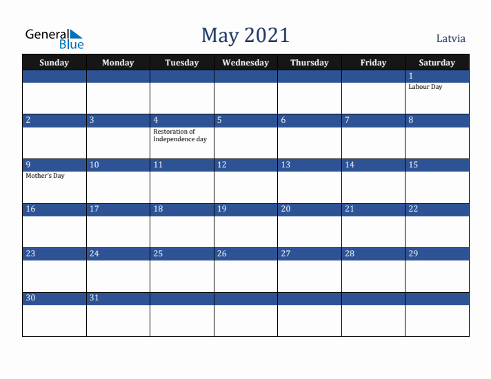 May 2021 Latvia Calendar (Sunday Start)