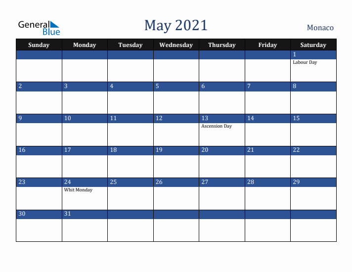 May 2021 Monaco Calendar (Sunday Start)