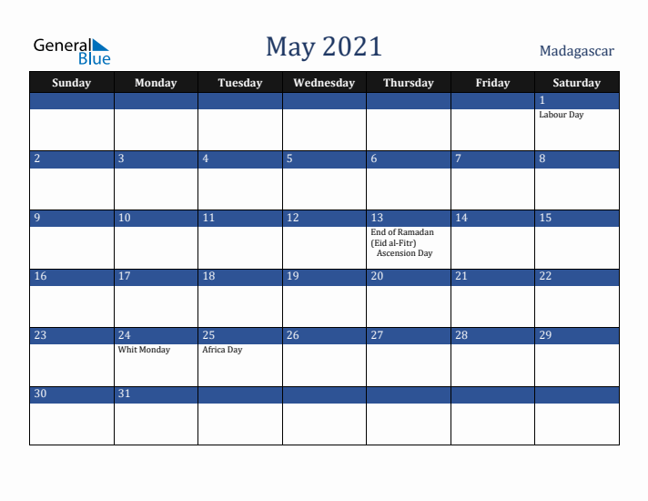 May 2021 Madagascar Calendar (Sunday Start)