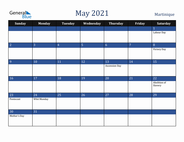 May 2021 Martinique Calendar (Sunday Start)