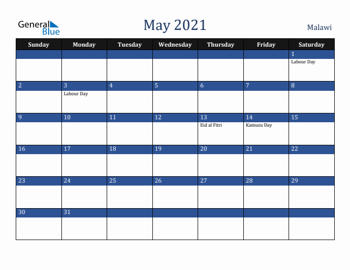 May 2021 Malawi Calendar (Sunday Start)