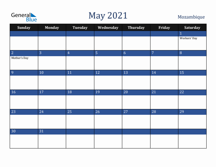 May 2021 Mozambique Calendar (Sunday Start)