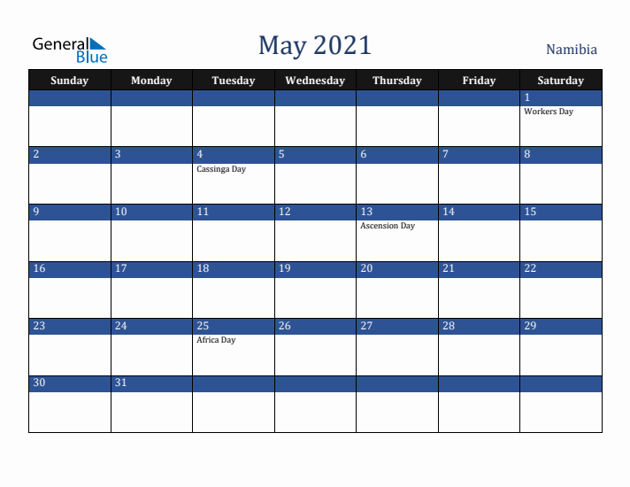 May 2021 Namibia Calendar (Sunday Start)