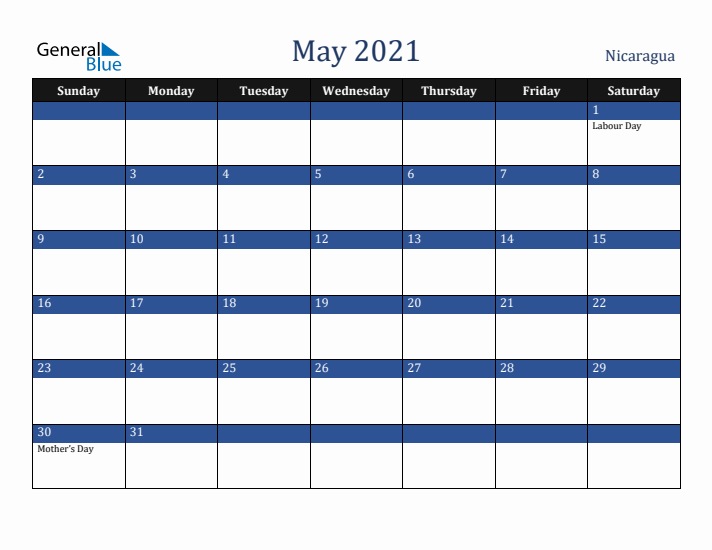 May 2021 Nicaragua Calendar (Sunday Start)