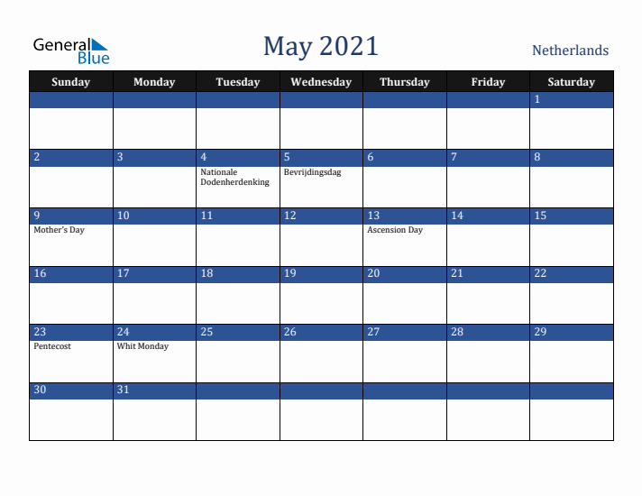 May 2021 The Netherlands Calendar (Sunday Start)