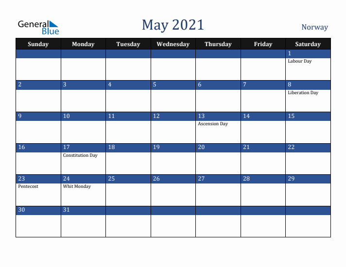 May 2021 Norway Calendar (Sunday Start)