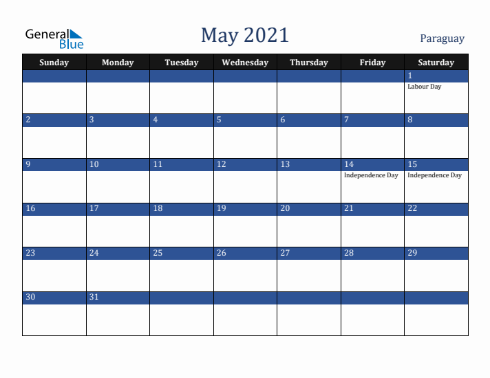 May 2021 Paraguay Calendar (Sunday Start)