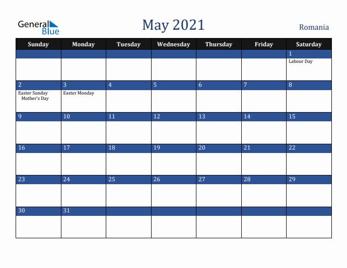 May 2021 Romania Calendar (Sunday Start)