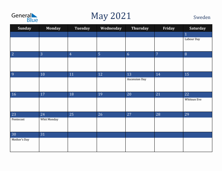May 2021 Sweden Calendar (Sunday Start)