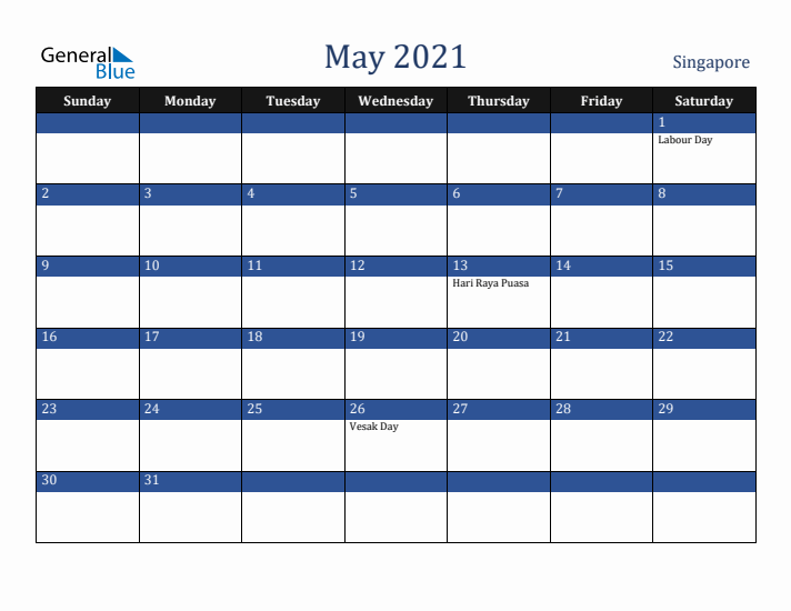 May 2021 Singapore Calendar (Sunday Start)