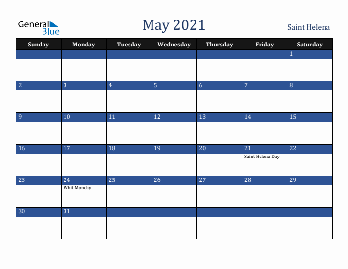 May 2021 Saint Helena Calendar (Sunday Start)