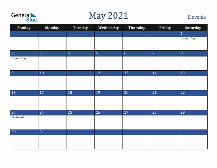 May 2021 Slovenia Calendar (Sunday Start)