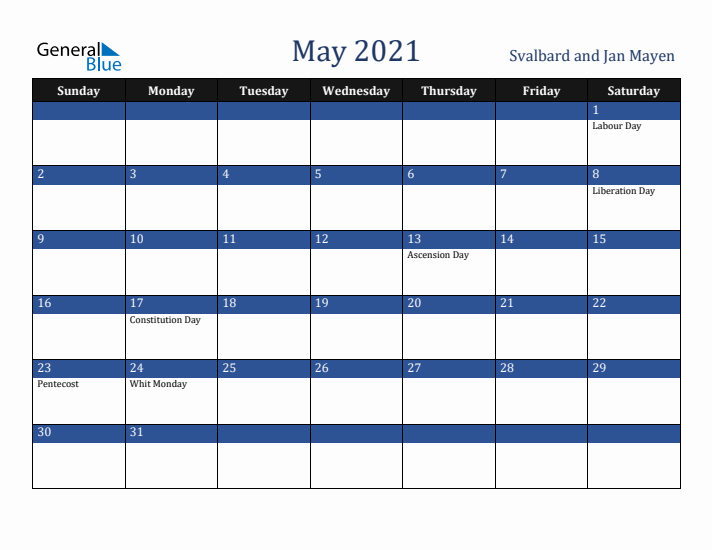 May 2021 Svalbard and Jan Mayen Calendar (Sunday Start)