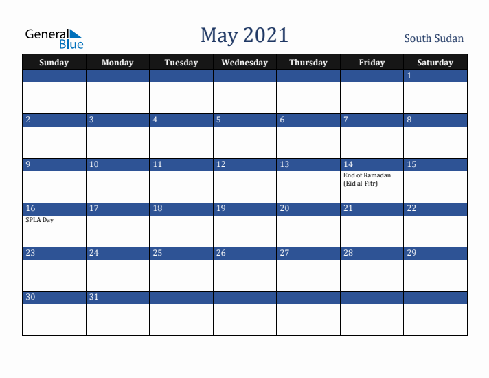 May 2021 South Sudan Calendar (Sunday Start)