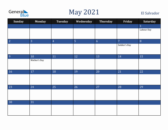 May 2021 El Salvador Calendar (Sunday Start)