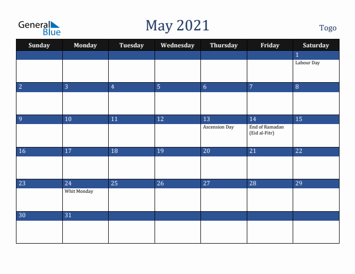 May 2021 Togo Calendar (Sunday Start)