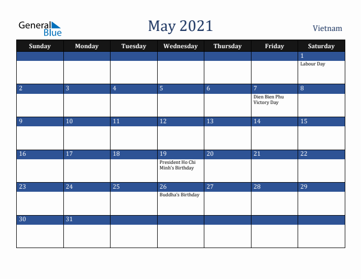 May 2021 Vietnam Calendar (Sunday Start)