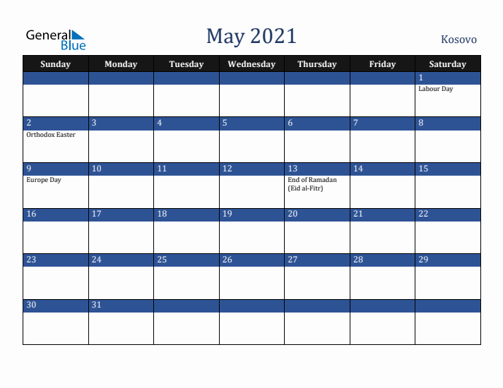 May 2021 Kosovo Calendar (Sunday Start)