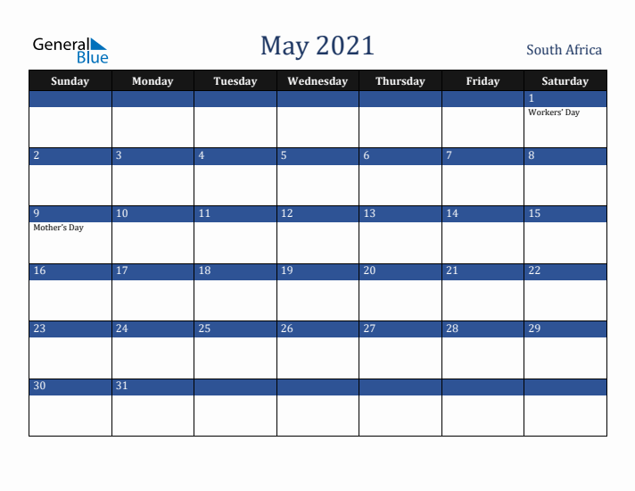 May 2021 South Africa Calendar (Sunday Start)