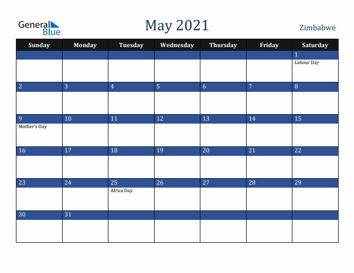 May 2021 Zimbabwe Calendar (Sunday Start)