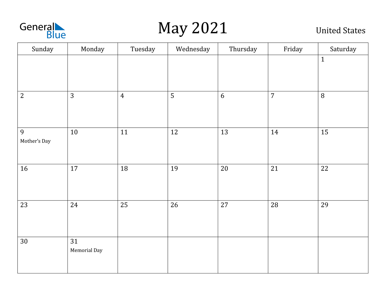 United States May 2021 Calendar with Holidays
