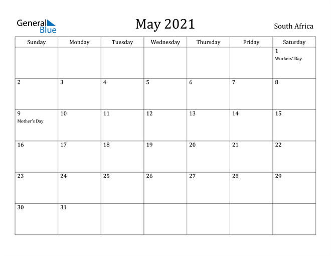 South Africa May 2021 Calendar with Holidays