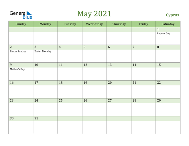 May 2021 Calendar with Cyprus Holidays
