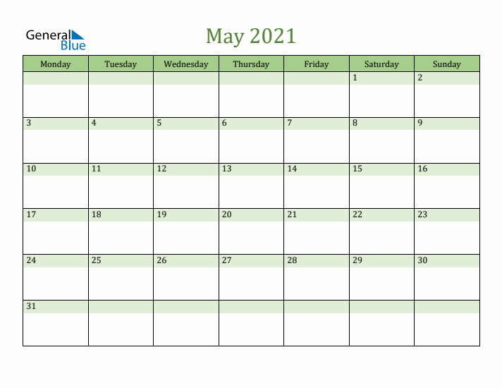 May 2021 Calendar with Monday Start